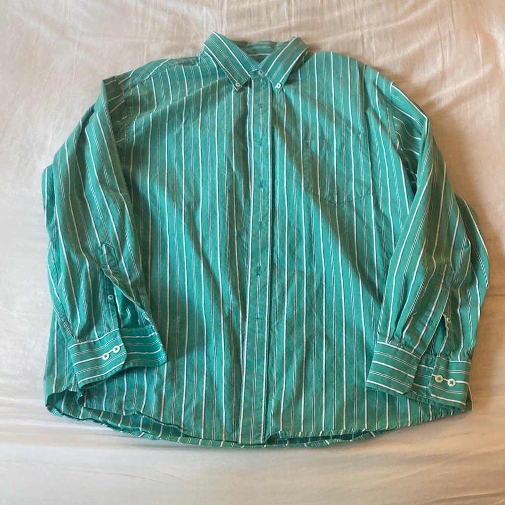 Izod size XL green with white & blue stripes longlseeve button down shirt